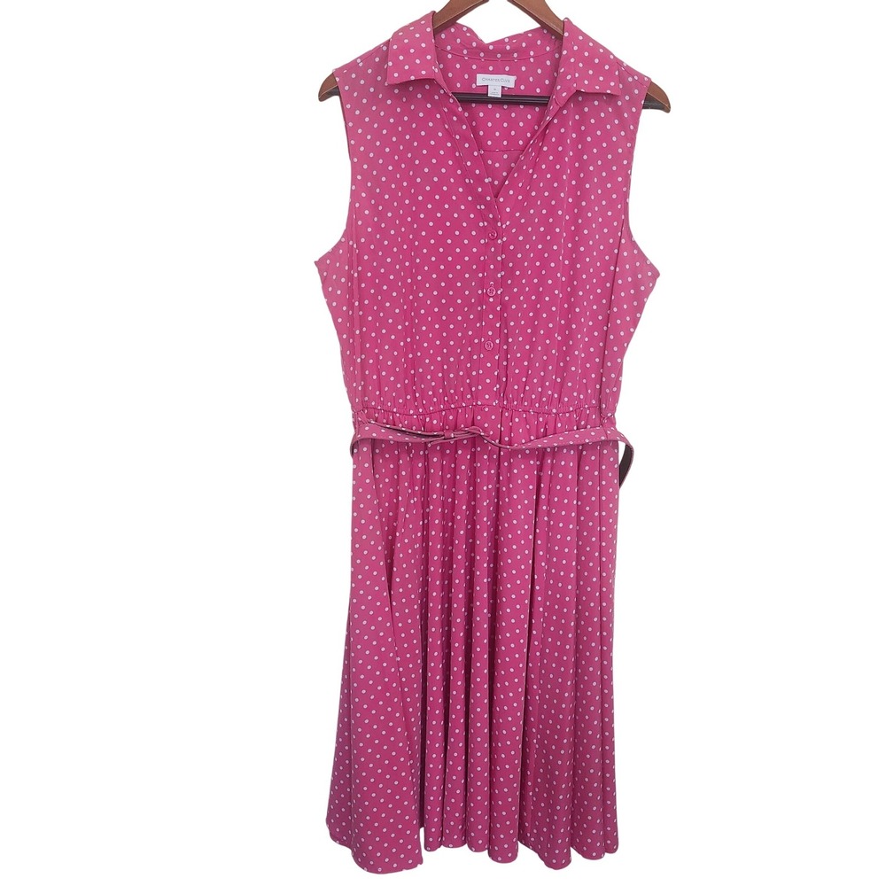 Charter Club Shirt Dress Womens 16 Pink Polka Dot Sleeveless Belted Midi Retro